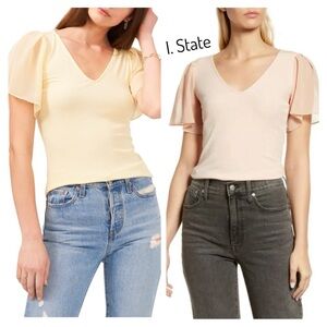 1. State Flutter Short Sleeve V-Neck Knit Tops • Sunlight & Villa Pink • L